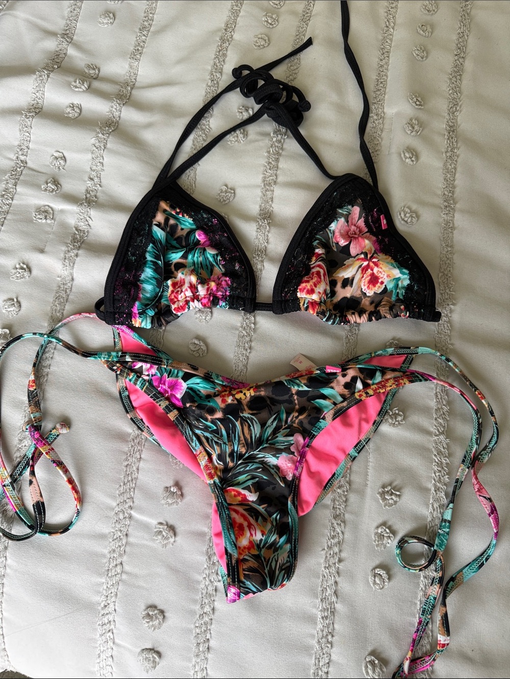 Doll Swimwear Tropical Floral String Bikini — Black & Pink